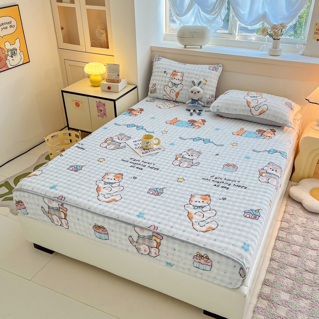 91家纺网 家纺一手货源 找家纺 慕梵家居 2025新款泡泡绒床笠泡泡兔绒床罩外贸可以定做尺寸单品床笠单件床笠 奶瓶萌犬