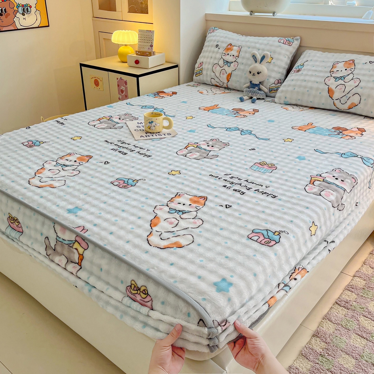 91家纺网 家纺一手货源 找家纺 慕梵家居 2025新款泡泡绒床笠泡泡兔绒床罩外贸可以定做尺寸单品床笠单件床笠 奶瓶萌犬