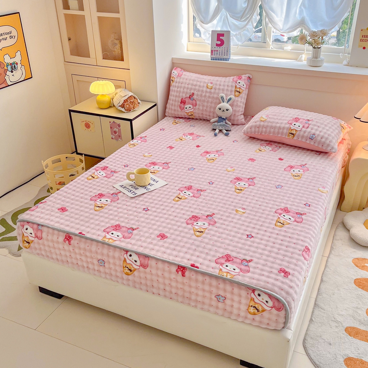 91家纺网 家纺一手货源 找家纺 慕梵家居 2025新款泡泡绒床笠泡泡兔绒床罩外贸可以定做尺寸单品床笠单件床笠 甜筒女孩