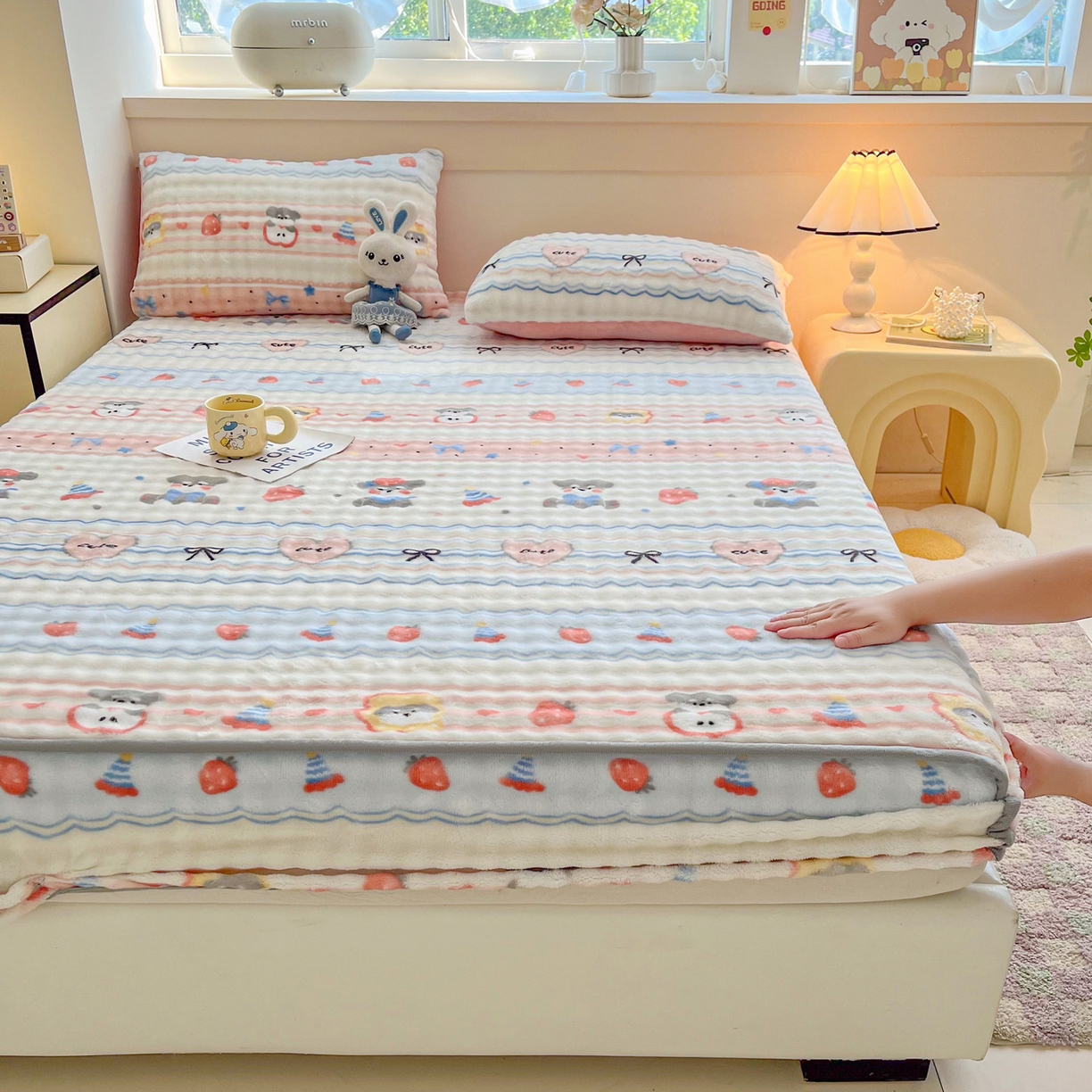 91家纺网 家纺一手货源 找家纺 慕梵家居 2025新款泡泡绒床笠泡泡兔绒床罩外贸可以定做尺寸单品床笠单件床笠 甜心派对