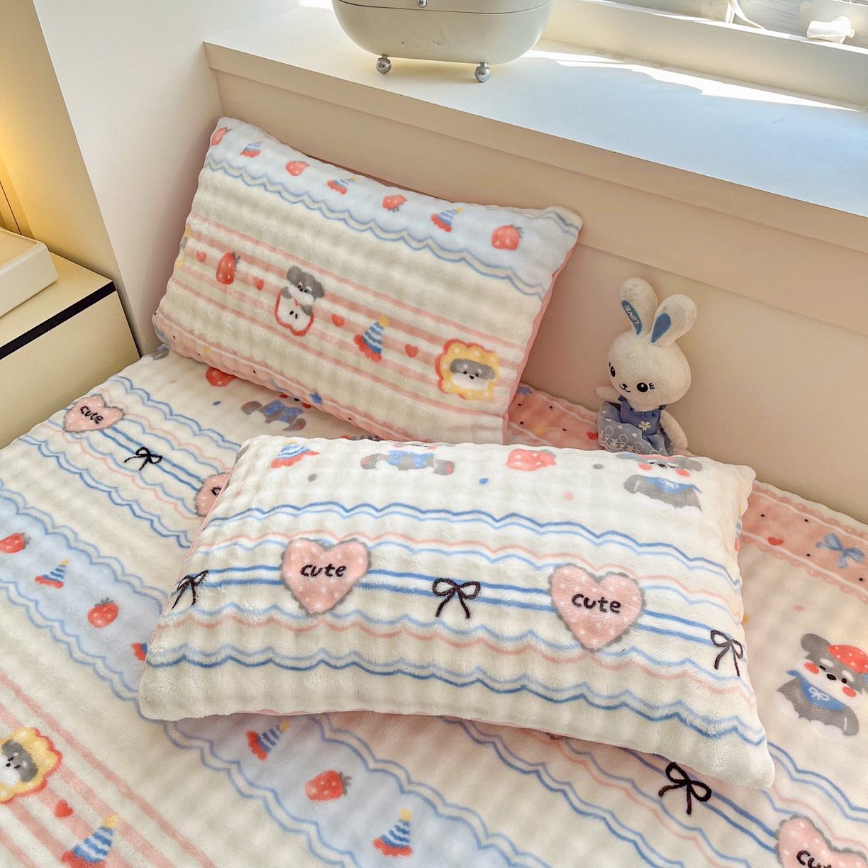 91家纺网 家纺一手货源 找家纺 慕梵家居 2025新款泡泡绒床笠泡泡兔绒床罩外贸可以定做尺寸单品床笠单件床笠 甜心派对