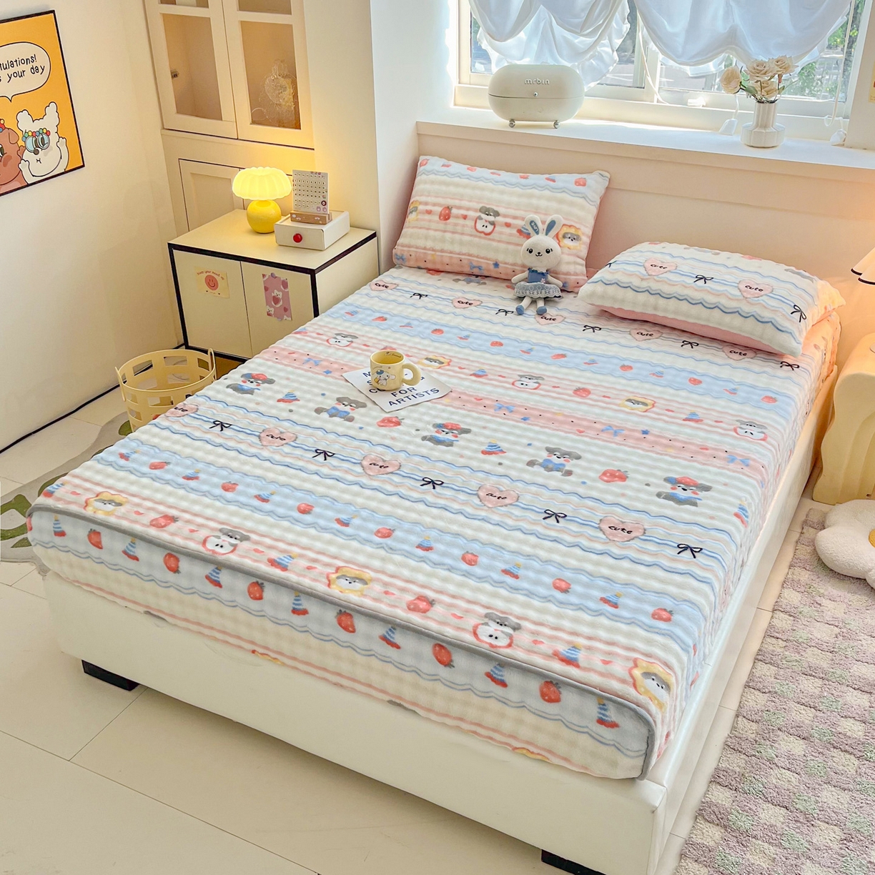 91家纺网 家纺一手货源 找家纺 慕梵家居 2025新款泡泡绒床笠泡泡兔绒床罩外贸可以定做尺寸单品床笠单件床笠 甜心派对