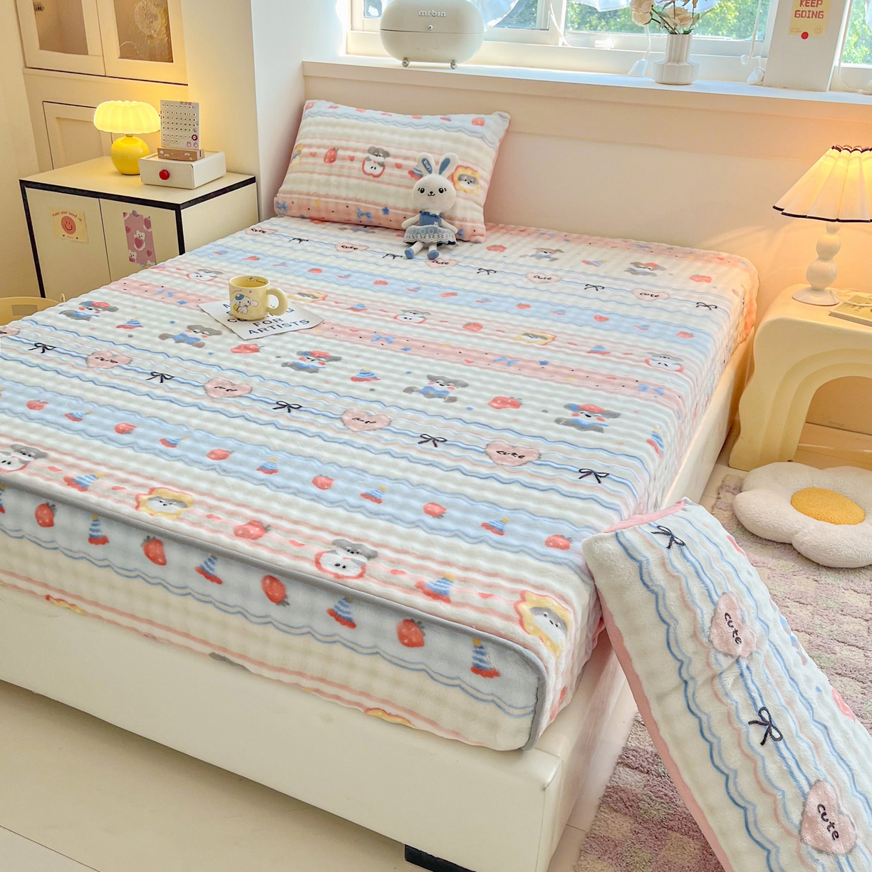 91家纺网 家纺一手货源 找家纺 慕梵家居 2025新款泡泡绒床笠泡泡兔绒床罩外贸可以定做尺寸单品床笠单件床笠 甜心派对