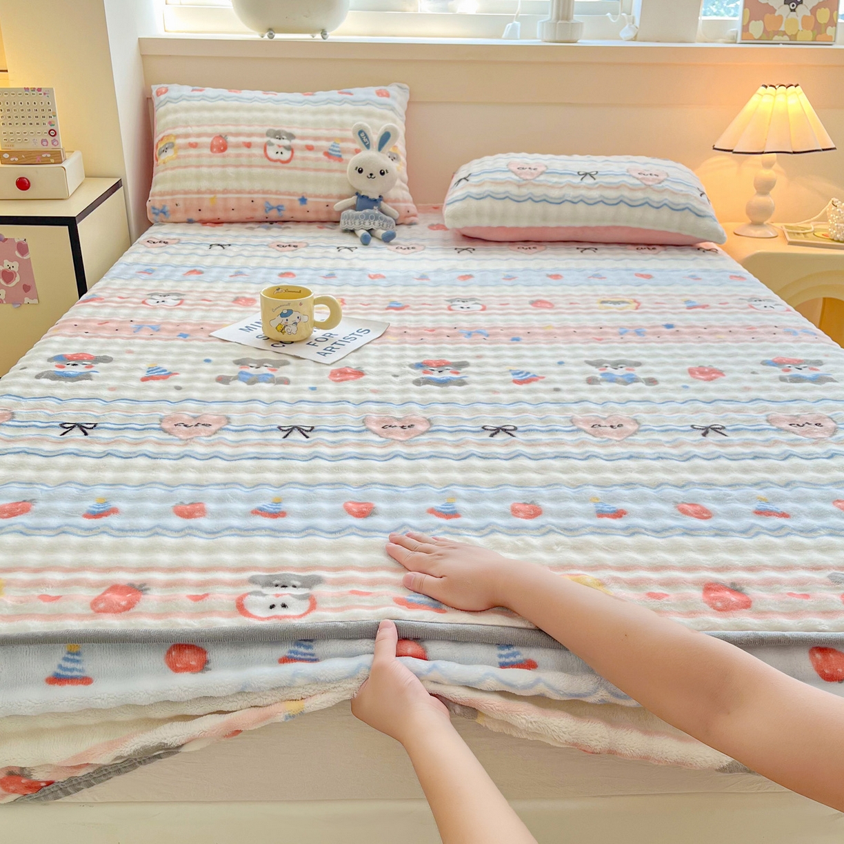 91家纺网 家纺一手货源 找家纺 慕梵家居 2025新款泡泡绒床笠泡泡兔绒床罩外贸可以定做尺寸单品床笠单件床笠 甜心派对