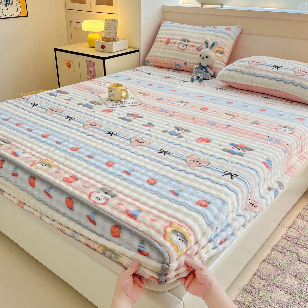 91家纺网 家纺一手货源 找家纺 慕梵家居 2025新款泡泡绒床笠泡泡兔绒床罩外贸可以定做尺寸单品床笠单件床笠 甜心派对