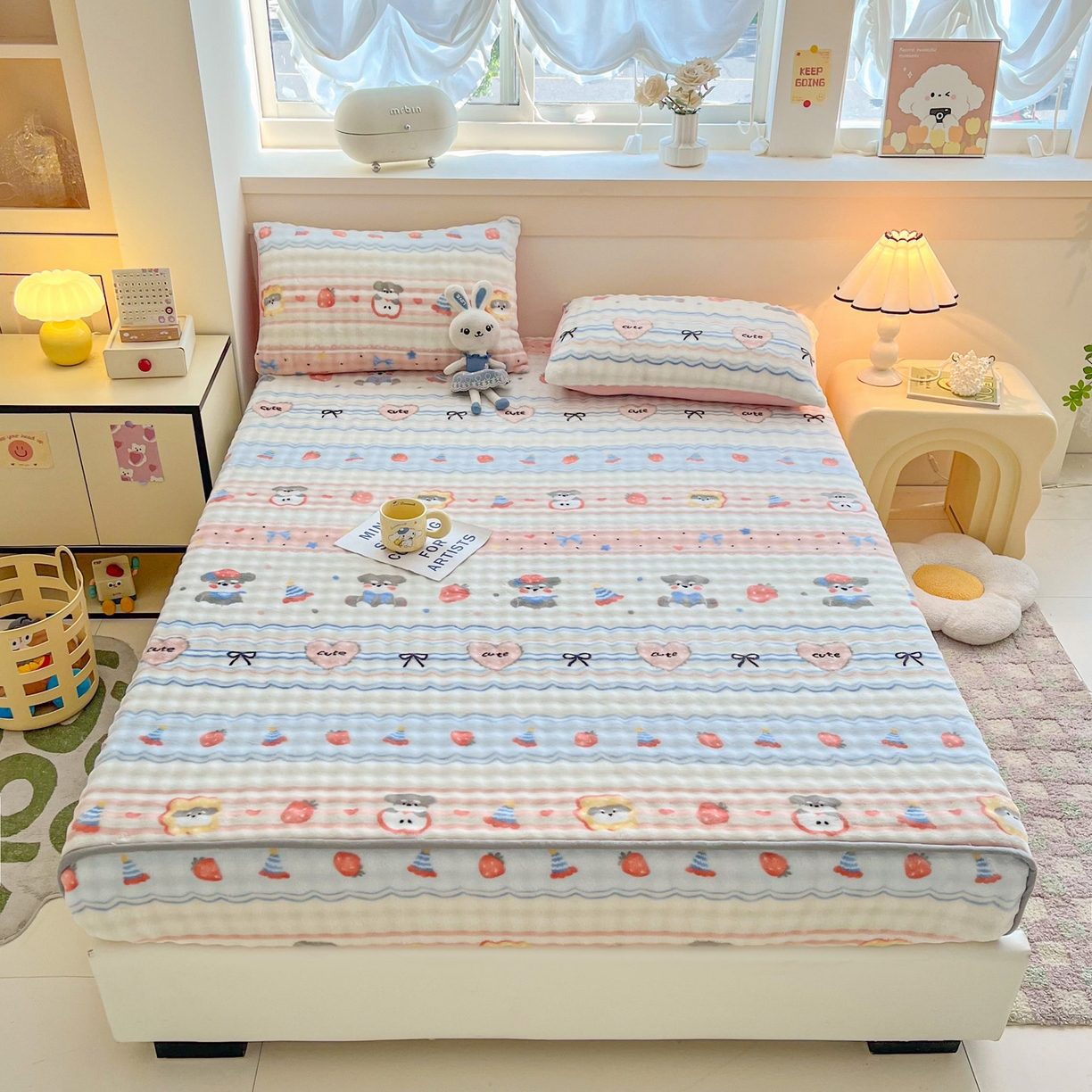 91家纺网 家纺一手货源 找家纺 慕梵家居 2025新款泡泡绒床笠泡泡兔绒床罩外贸可以定做尺寸单品床笠单件床笠 甜心派对