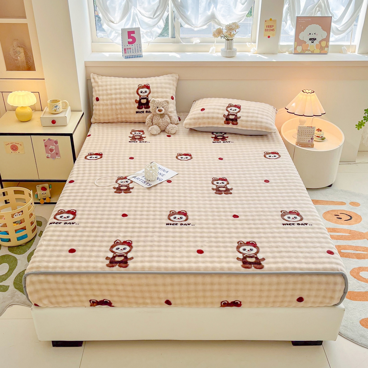 91家纺网 家纺一手货源 找家纺 慕梵家居 2025新款泡泡绒床笠泡泡兔绒床罩外贸可以定做尺寸单品床笠单件床笠 小精灵