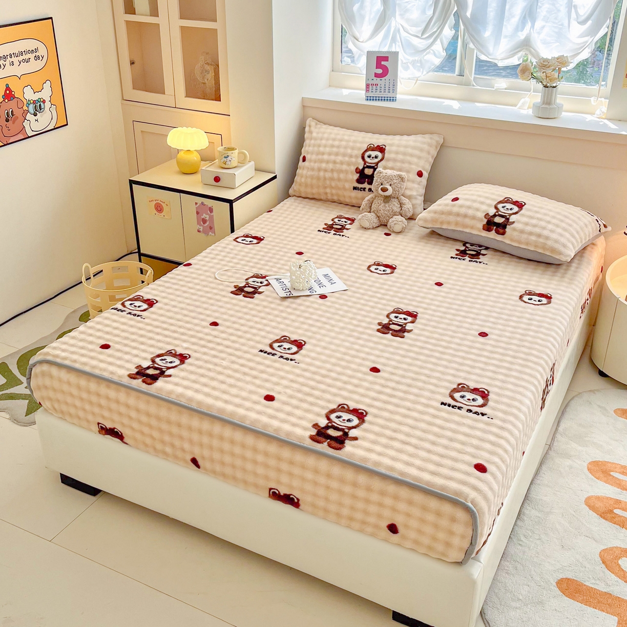 91家纺网 家纺一手货源 找家纺 慕梵家居 2025新款泡泡绒床笠泡泡兔绒床罩外贸可以定做尺寸单品床笠单件床笠 小精灵