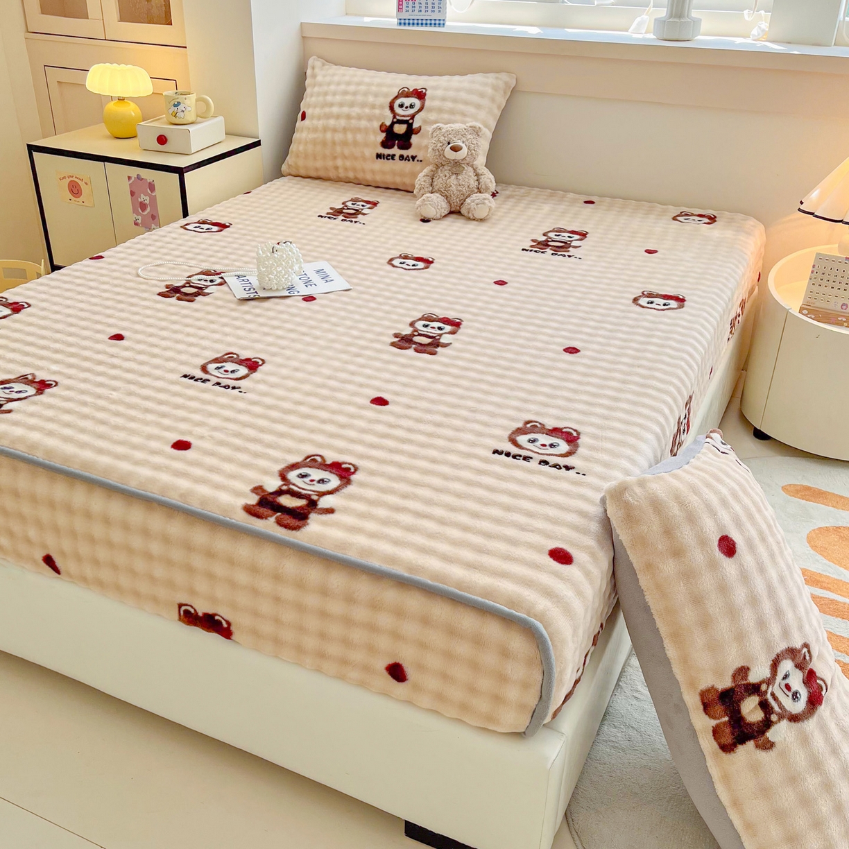 91家纺网 家纺一手货源 找家纺 慕梵家居 2025新款泡泡绒床笠泡泡兔绒床罩外贸可以定做尺寸单品床笠单件床笠 小精灵