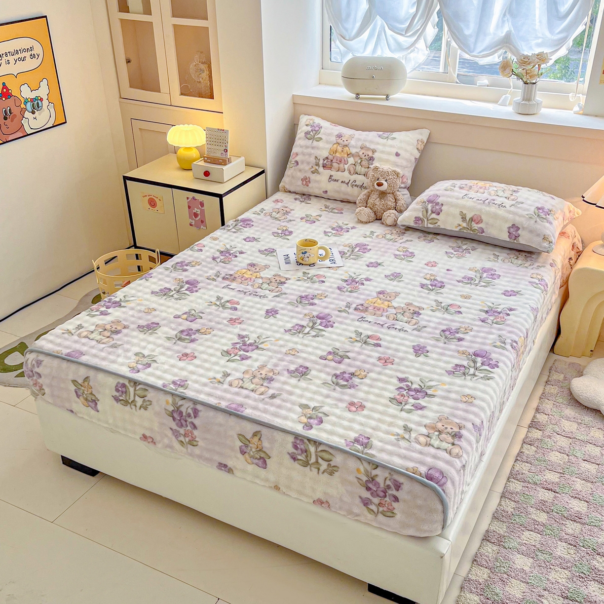 91家纺网 家纺一手货源 找家纺 慕梵家居 2025新款泡泡绒床笠泡泡兔绒床罩外贸可以定做尺寸单品床笠单件床笠 小熊乐园