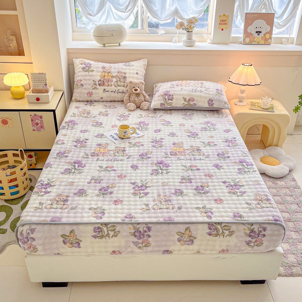 91家纺网 家纺一手货源 找家纺 慕梵家居 2025新款泡泡绒床笠泡泡兔绒床罩外贸可以定做尺寸单品床笠单件床笠 小熊乐园