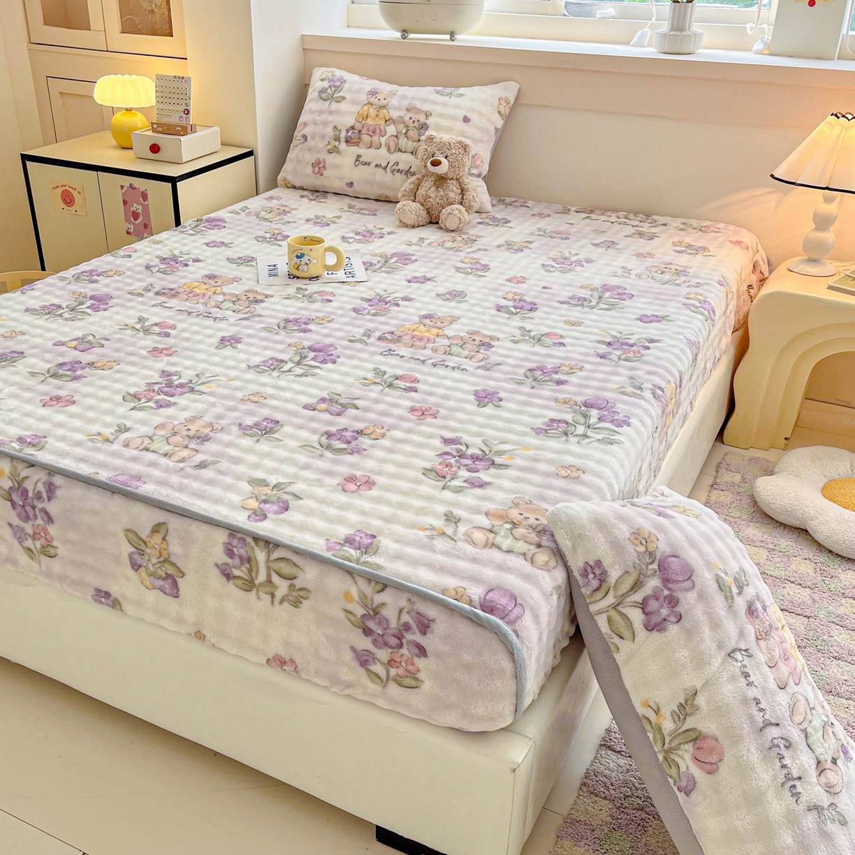 91家纺网 家纺一手货源 找家纺 慕梵家居 2025新款泡泡绒床笠泡泡兔绒床罩外贸可以定做尺寸单品床笠单件床笠 小熊乐园