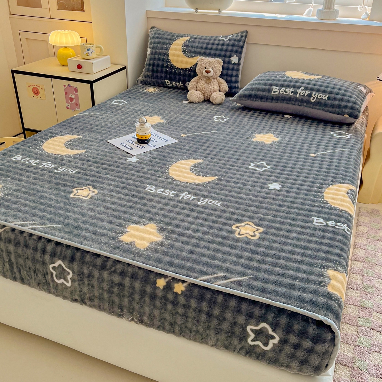 91家纺网 家纺一手货源 找家纺 慕梵家居 2025新款泡泡绒床笠泡泡兔绒床罩外贸可以定做尺寸单品床笠单件床笠 星月传奇