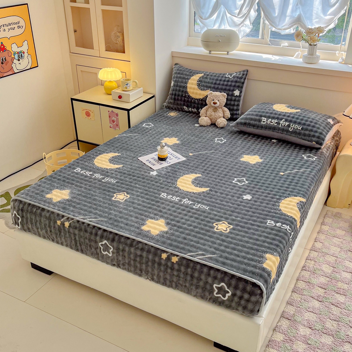 91家纺网 家纺一手货源 找家纺 慕梵家居 2025新款泡泡绒床笠泡泡兔绒床罩外贸可以定做尺寸单品床笠单件床笠 星月传奇