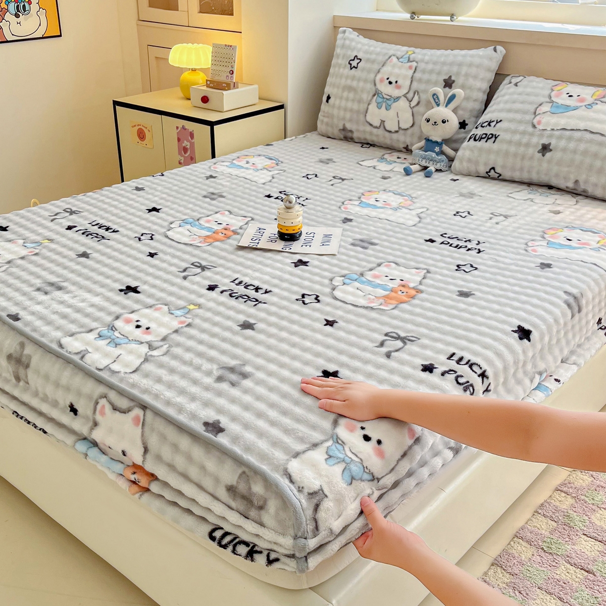 慕梵家居 2025新款泡泡绒床笠泡泡兔绒床罩外贸可以定做尺寸单品床笠单件床笠 幸运狗