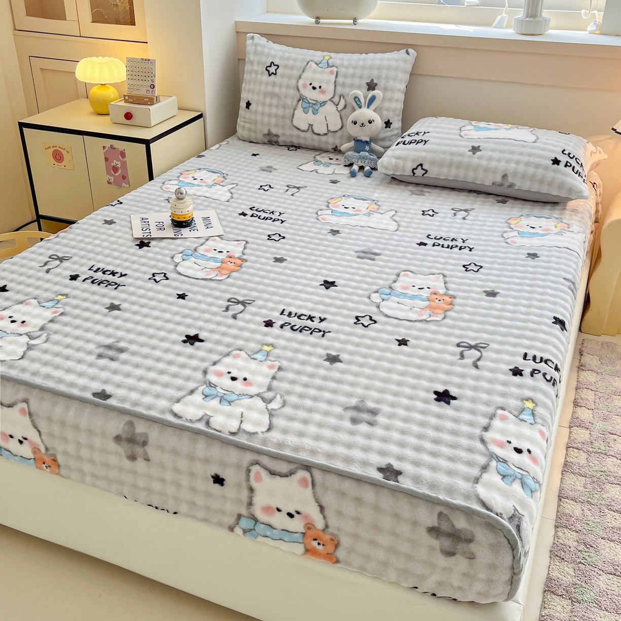 91家纺网 家纺一手货源 找家纺 慕梵家居 2025新款泡泡绒床笠泡泡兔绒床罩外贸可以定做尺寸单品床笠单件床笠 幸运狗