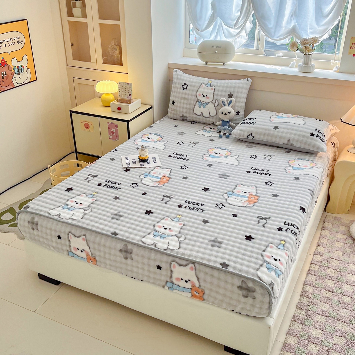 91家纺网 家纺一手货源 找家纺 慕梵家居 2025新款泡泡绒床笠泡泡兔绒床罩外贸可以定做尺寸单品床笠单件床笠 幸运狗