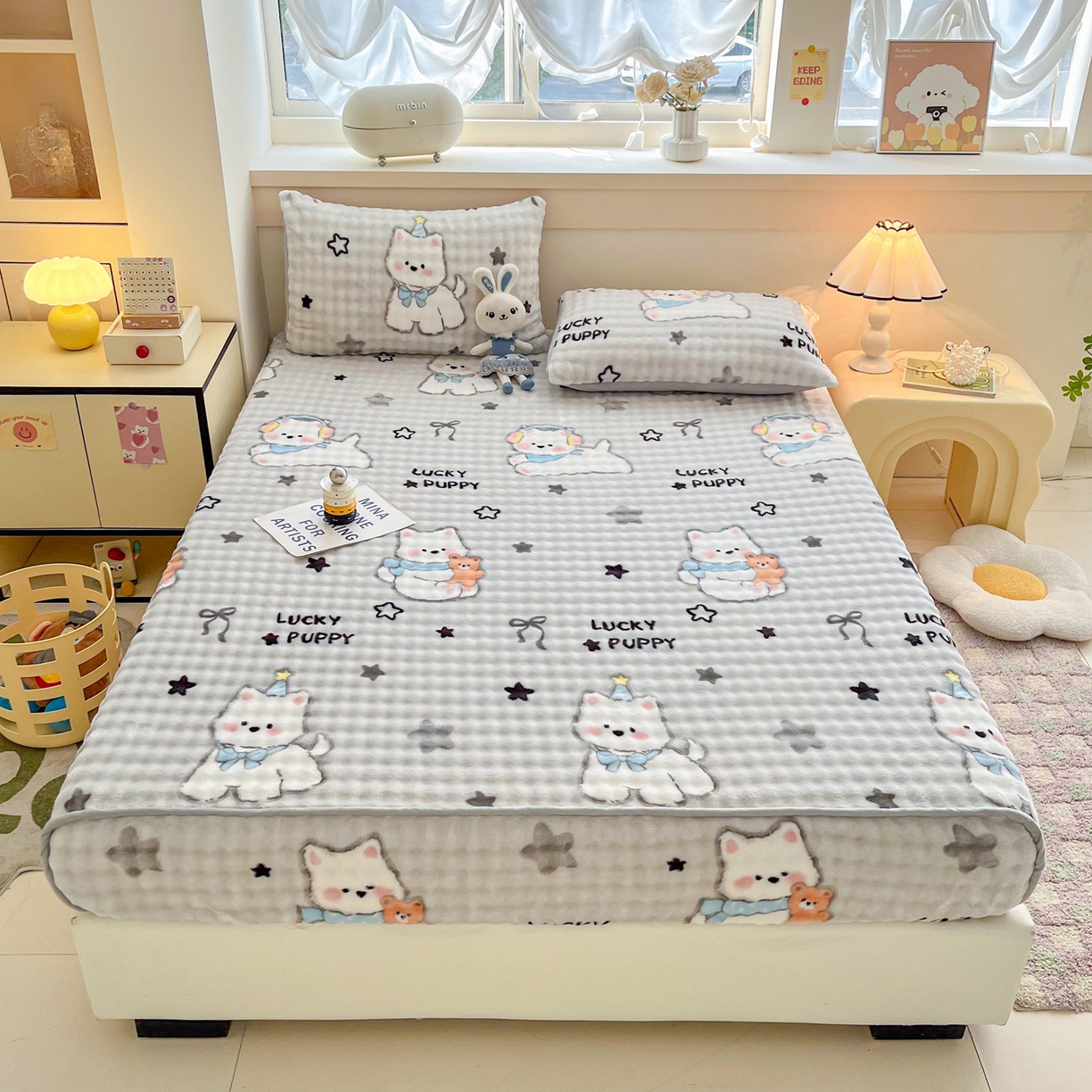 91家纺网 家纺一手货源 找家纺 慕梵家居 2025新款泡泡绒床笠泡泡兔绒床罩外贸可以定做尺寸单品床笠单件床笠 幸运狗