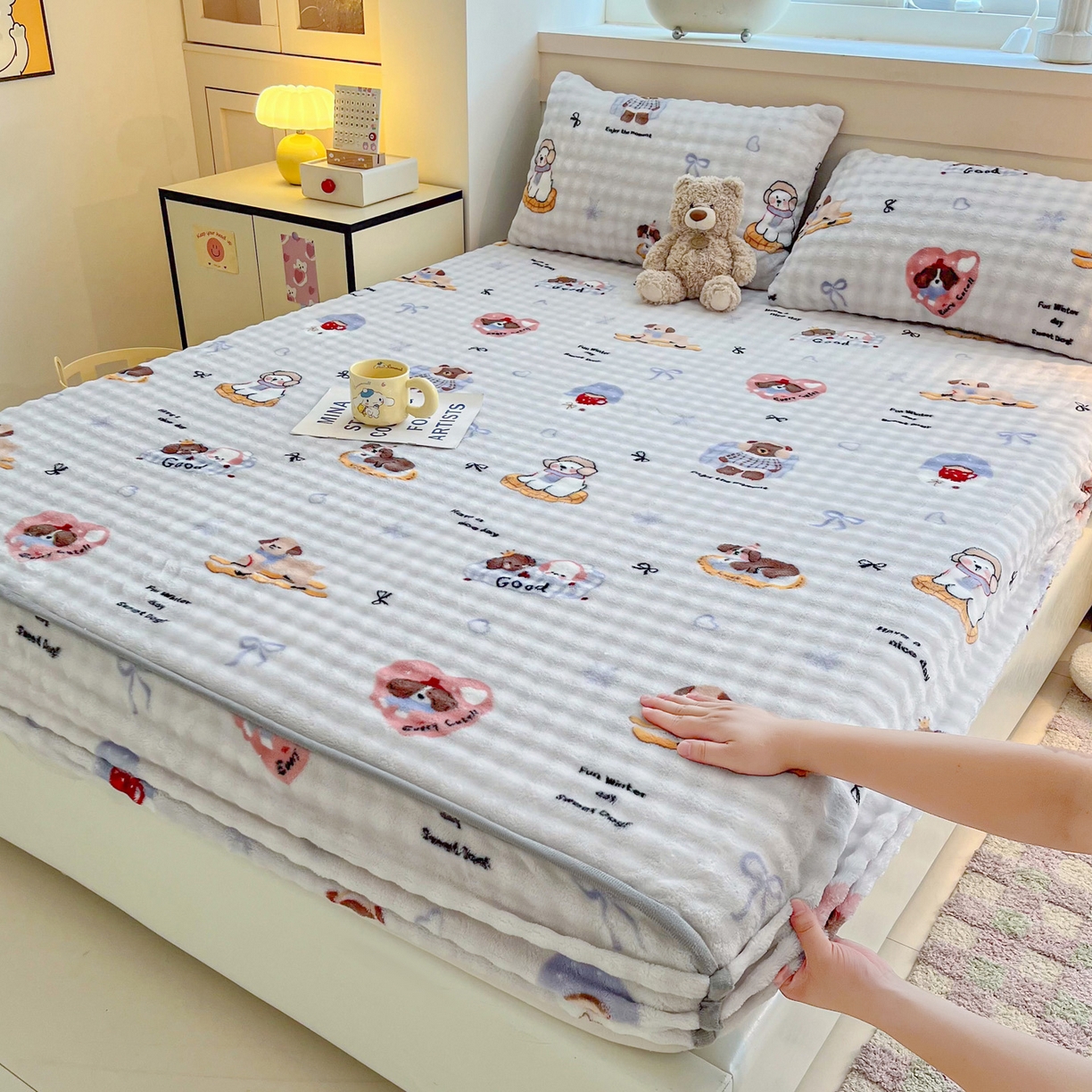 慕梵家居 2025新款泡泡绒床笠泡泡兔绒床罩外贸可以定做尺寸单品床笠单件床笠 音乐派对