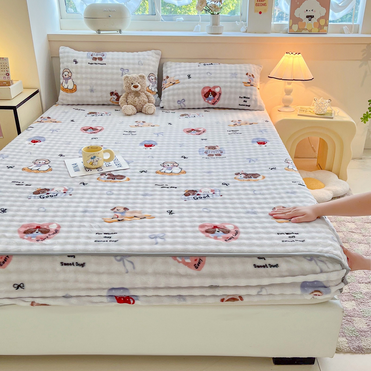 91家纺网 家纺一手货源 找家纺 慕梵家居 2025新款泡泡绒床笠泡泡兔绒床罩外贸可以定做尺寸单品床笠单件床笠 音乐派对