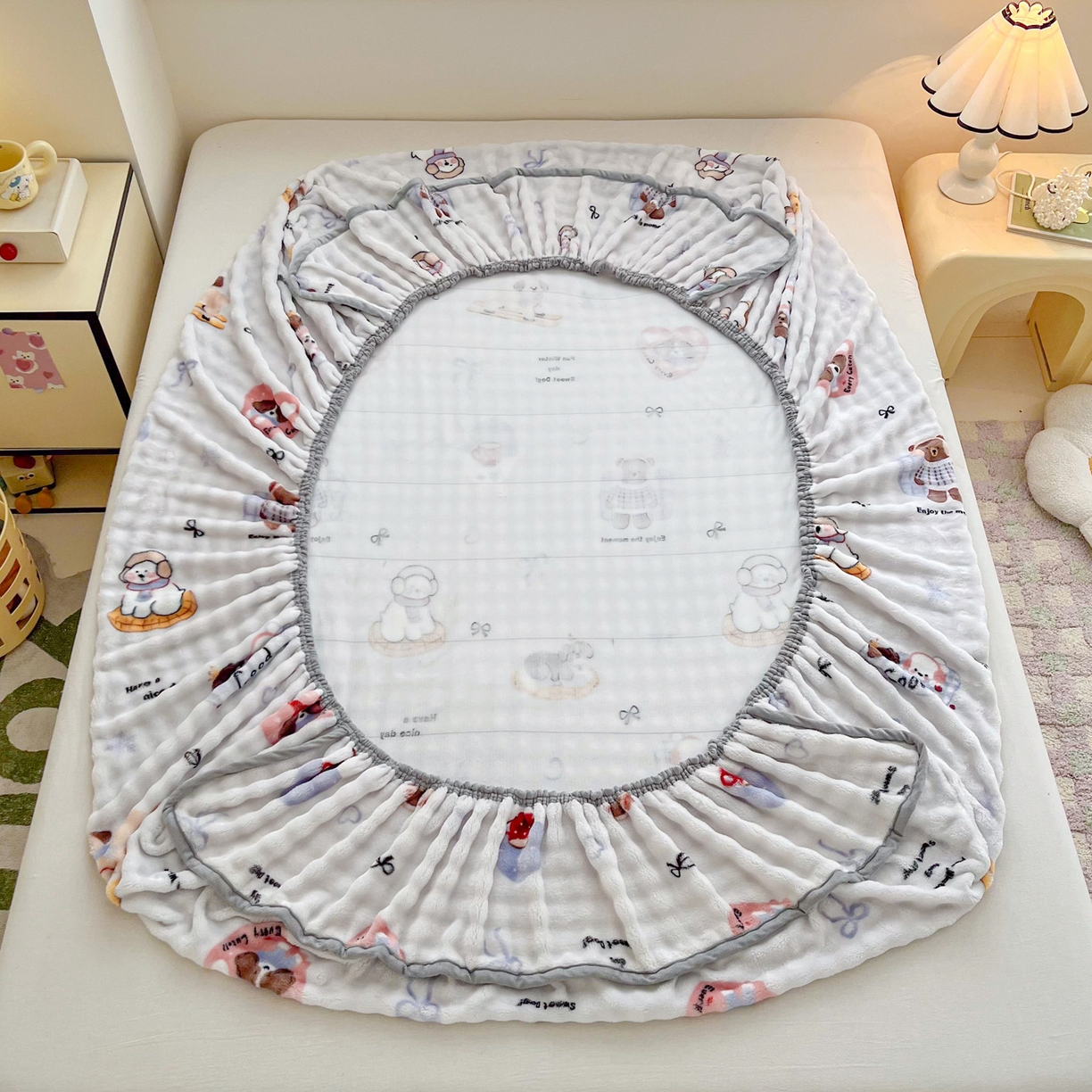 91家纺网 家纺一手货源 找家纺 慕梵家居 2025新款泡泡绒床笠泡泡兔绒床罩外贸可以定做尺寸单品床笠单件床笠 音乐派对