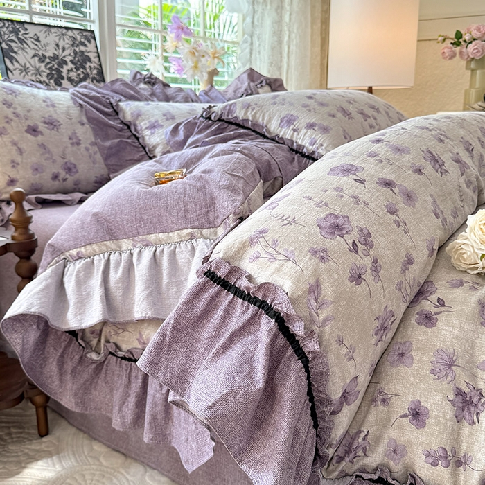 91家纺网 家纺一手货源 找家纺 唐人居 2025新款水洗亚麻四件套 云䋈间-紫