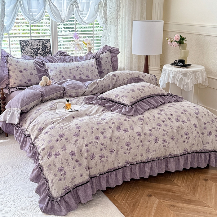 91家纺网 家纺一手货源 找家纺 唐人居 2025新款水洗亚麻四件套 云䋈间-紫