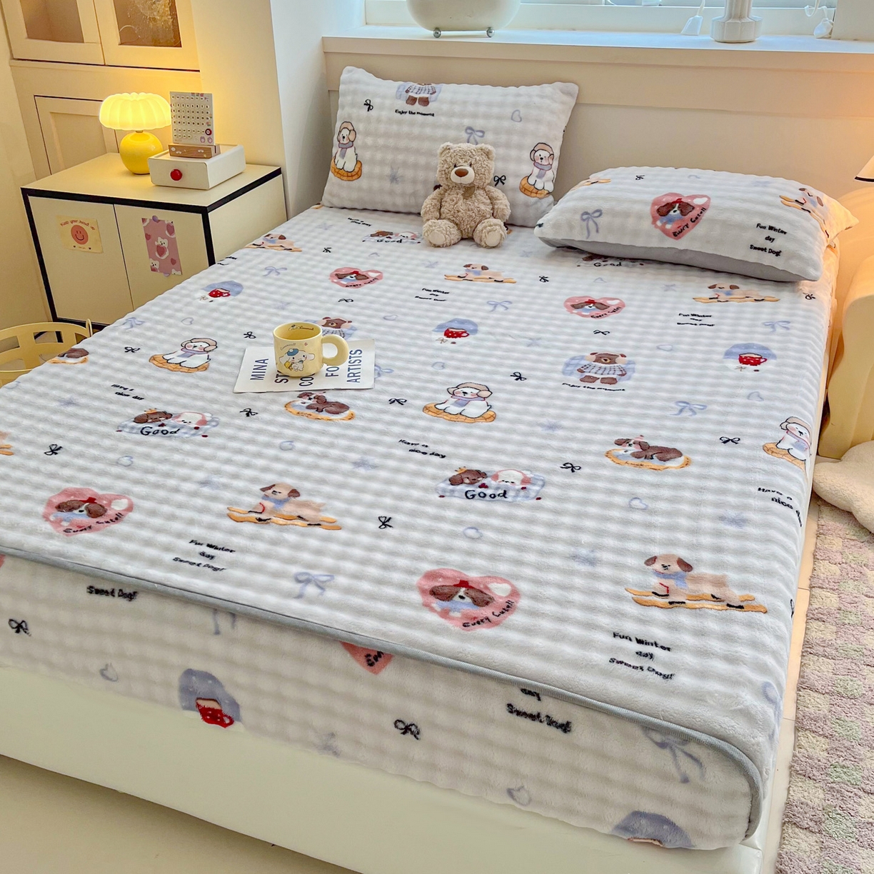 91家纺网 家纺一手货源 找家纺 慕梵家居 2025新款泡泡绒床笠泡泡兔绒床罩外贸可以定做尺寸单品床笠单件床笠 音乐派对