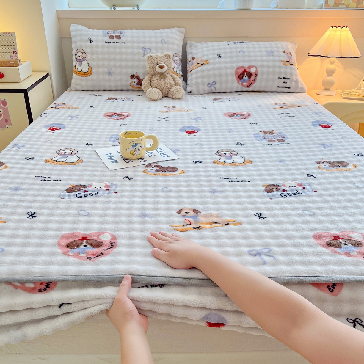 91家纺网 家纺一手货源 找家纺 慕梵家居 2025新款泡泡绒床笠泡泡兔绒床罩外贸可以定做尺寸单品床笠单件床笠 音乐派对