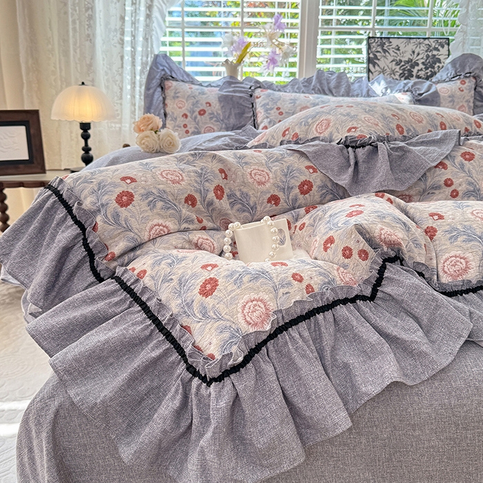 91家纺网 家纺一手货源 找家纺 唐人居 2025新款水洗亚麻四件套 半夏桃花