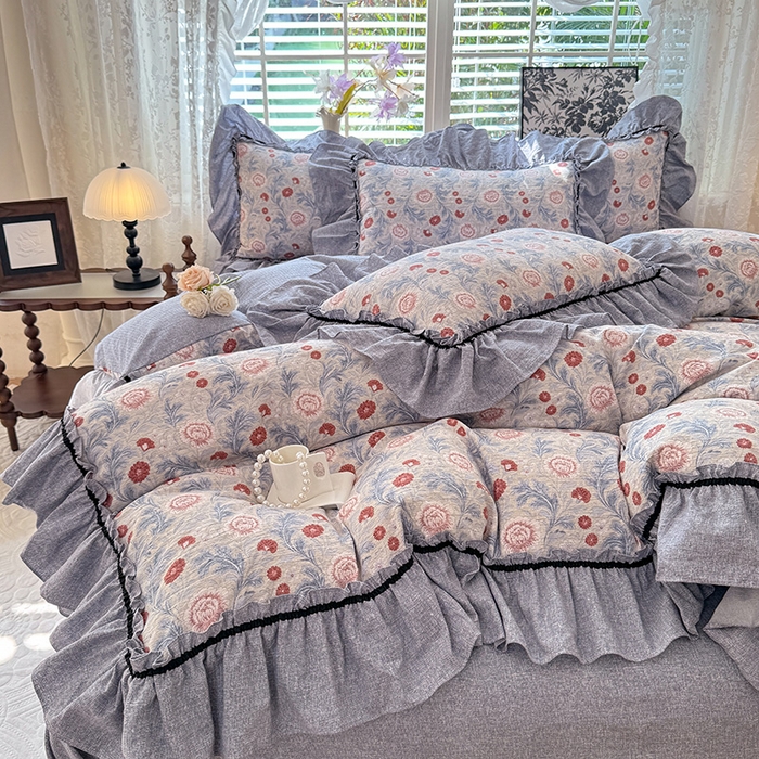 91家纺网 家纺一手货源 找家纺 唐人居 2025新款水洗亚麻四件套 半夏桃花