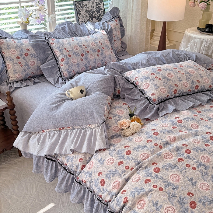 91家纺网 家纺一手货源 找家纺 唐人居 2025新款水洗亚麻四件套 半夏桃花