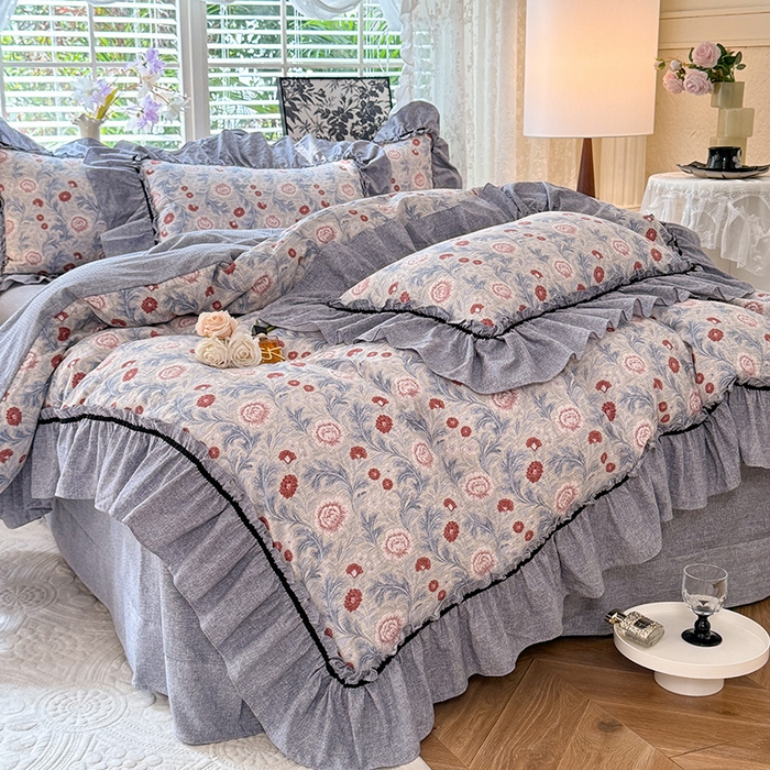 91家纺网 家纺一手货源 找家纺 唐人居 2025新款水洗亚麻四件套 半夏桃花