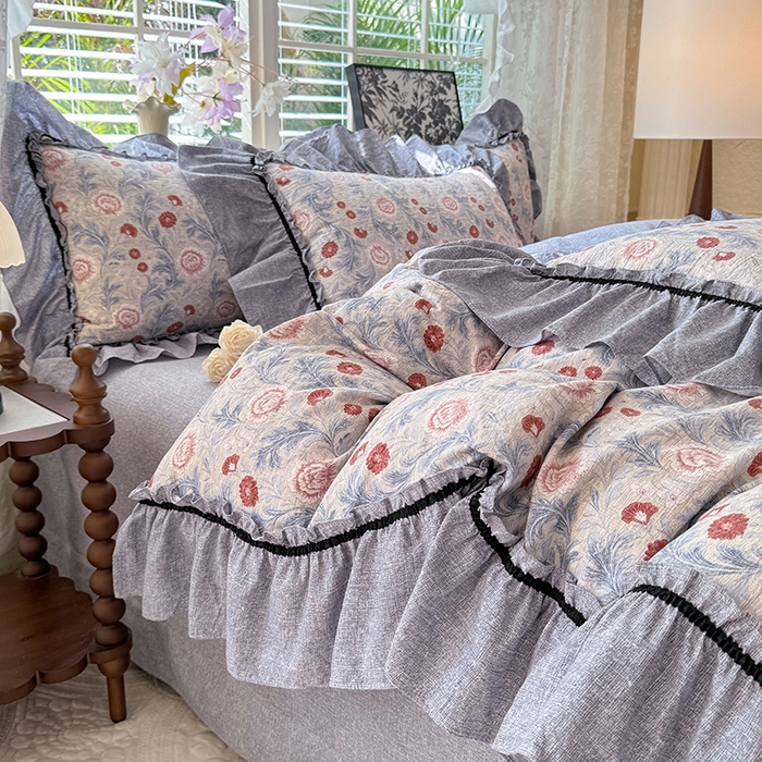 91家纺网 家纺一手货源 找家纺 唐人居 2025新款水洗亚麻四件套 半夏桃花