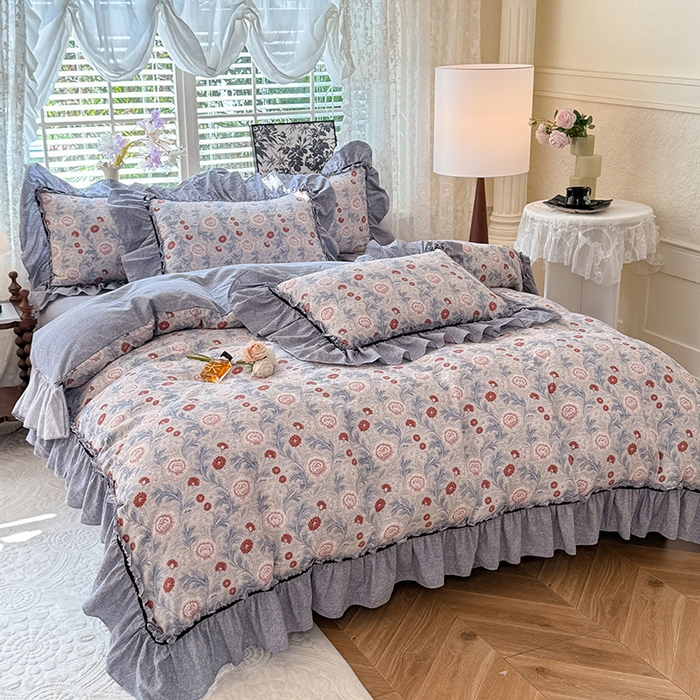 91家纺网 家纺一手货源 找家纺 唐人居 2025新款水洗亚麻四件套 半夏桃花