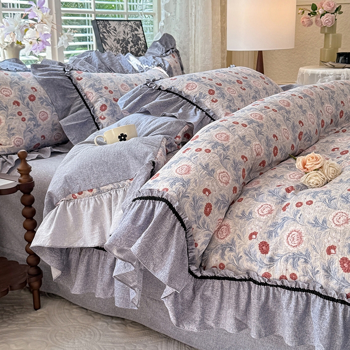 91家纺网 家纺一手货源 找家纺 唐人居 2025新款水洗亚麻四件套 半夏桃花