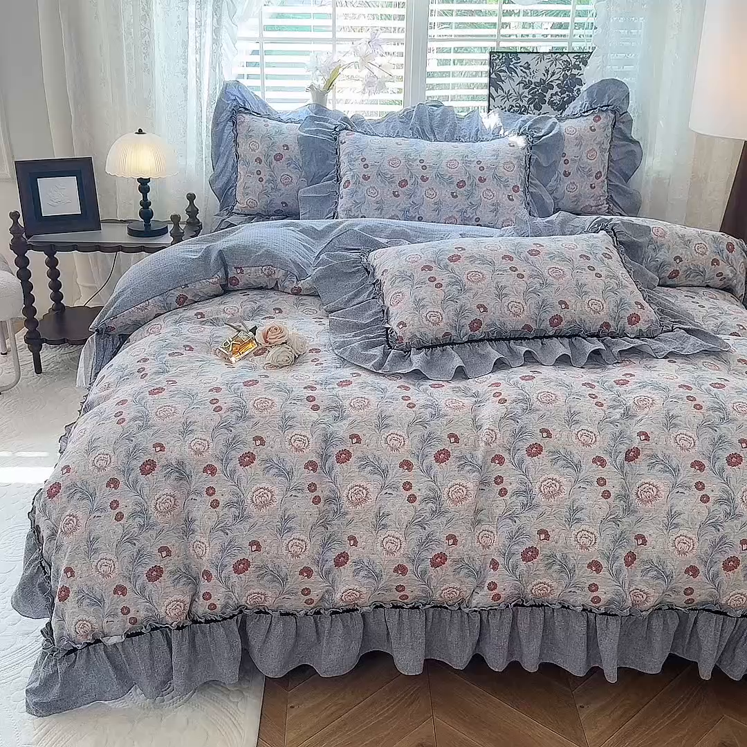 91家纺网 家纺一手货源 找家纺 唐人居 2025新款水洗亚麻四件套 半夏桃花