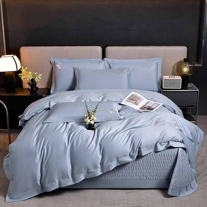 畅畅家纺 2025新款全棉活性喷气简约轻奢刺绣夹棉床盖款四件套-雅韵 雅韵-灰兰