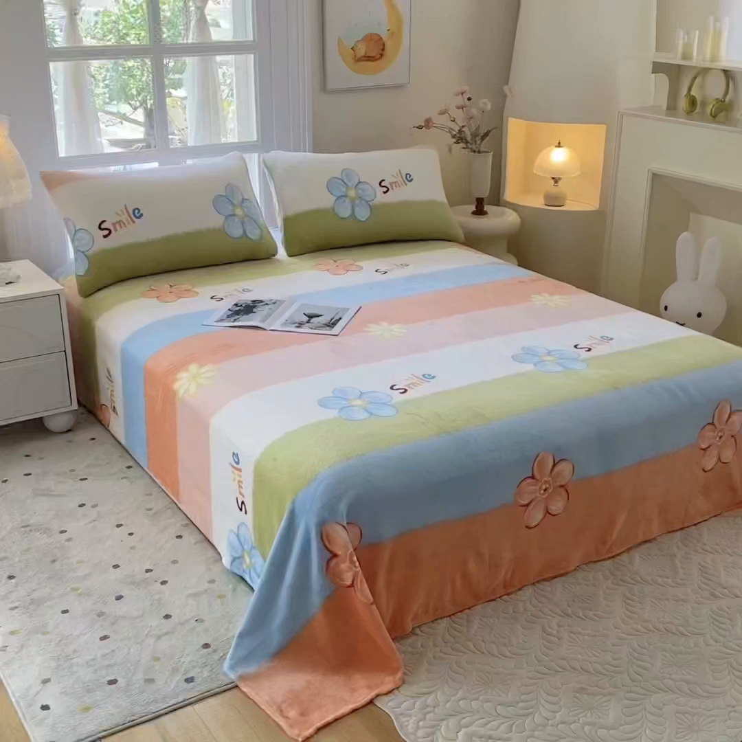 91家纺网 家纺一手货源 找家纺 优米家纺 2025新款加厚舒适牛奶绒床单床单单件 炫彩花朵