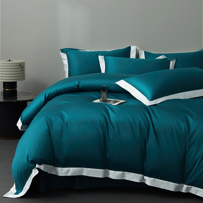 91家纺网 家纺一手货源 找家纺 柔觉家纺 新款50*50双股长绒棉纯色拼角四件套 雅-海港蓝