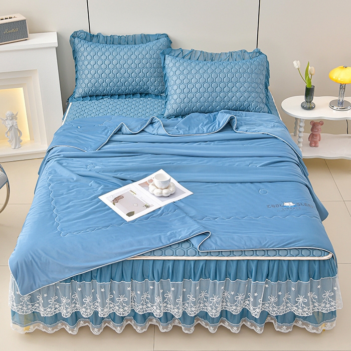 91家纺网 家纺一手货源 找家纺 畅畅家纺 2025新款夏季凉感丝唯美纯色凉席夏被四件套 唯美-海天蓝