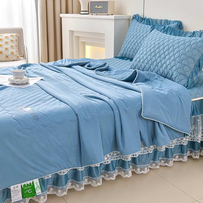 91家纺网 家纺一手货源 找家纺 畅畅家纺 2025新款夏季凉感丝唯美纯色凉席夏被四件套 唯美-海天蓝