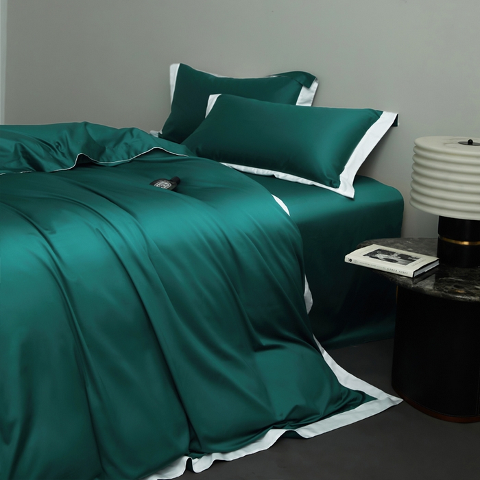 柔觉家纺 新款50*50双股长绒棉纯色拼角四件套 雅-黛绿色