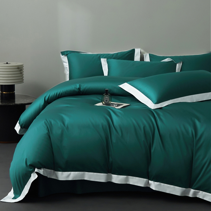 91家纺网 家纺一手货源 找家纺 柔觉家纺 新款50*50双股长绒棉纯色拼角四件套 雅-黛绿色