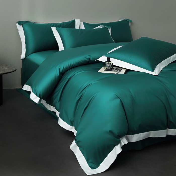 91家纺网 家纺一手货源 找家纺 柔觉家纺 新款50*50双股长绒棉纯色拼角四件套 雅-黛绿色