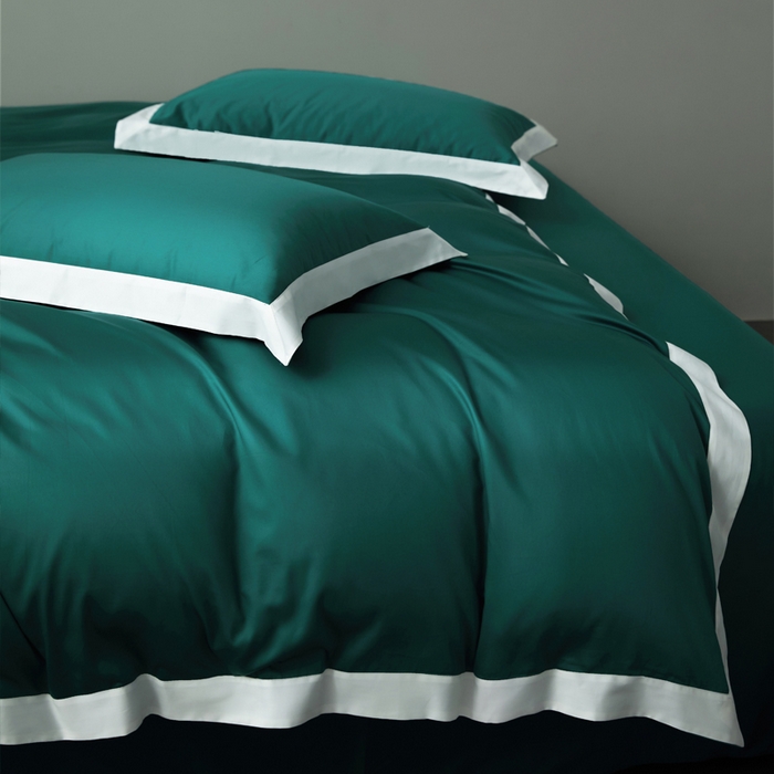 91家纺网 家纺一手货源 找家纺 柔觉家纺 新款50*50双股长绒棉纯色拼角四件套 雅-黛绿色