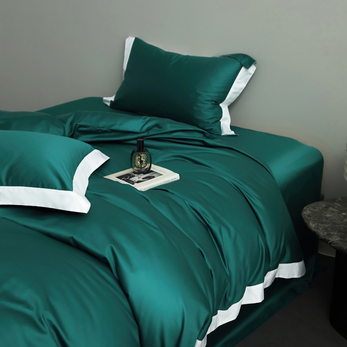 91家纺网 家纺一手货源 找家纺 柔觉家纺 新款50*50双股长绒棉纯色拼角四件套 雅-黛绿色