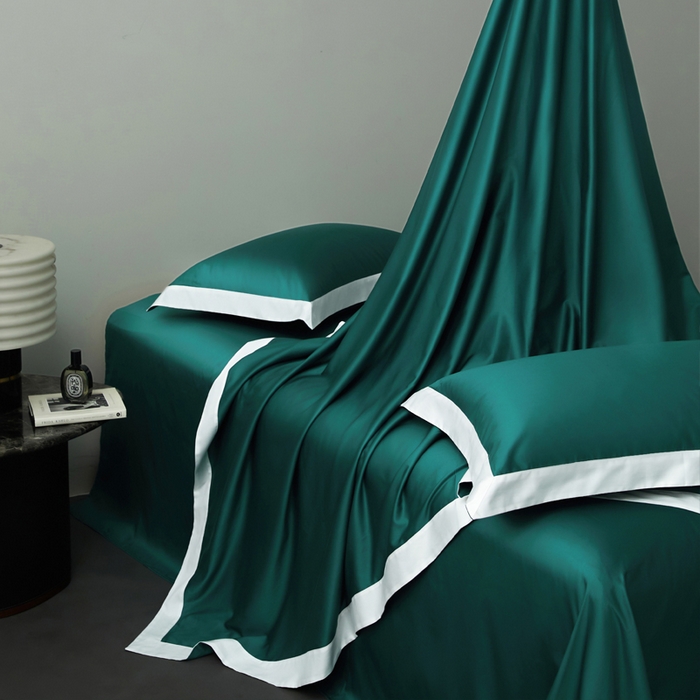 91家纺网 家纺一手货源 找家纺 柔觉家纺 新款50*50双股长绒棉纯色拼角四件套 雅-黛绿色