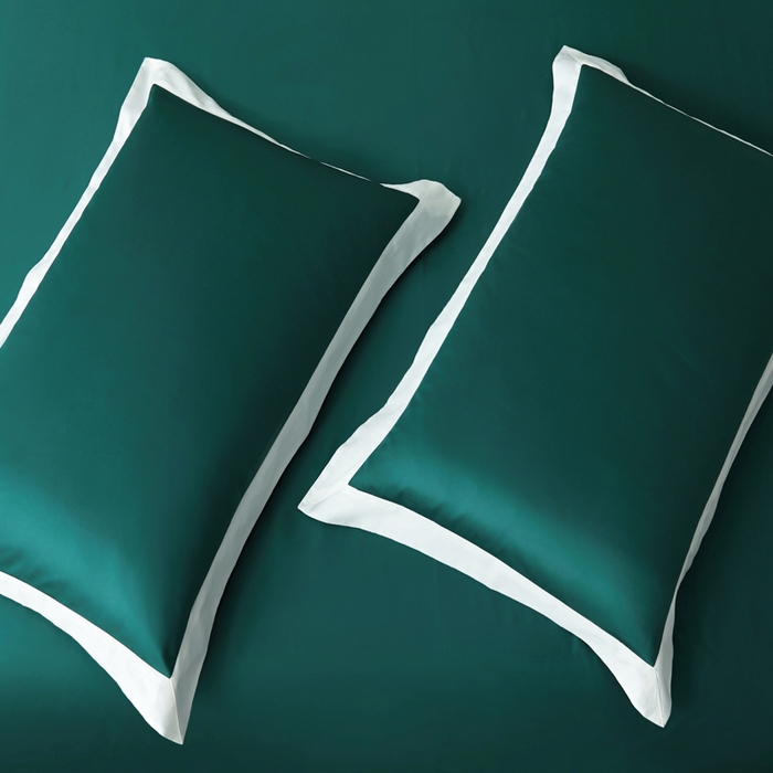 91家纺网 家纺一手货源 找家纺 柔觉家纺 新款50*50双股长绒棉纯色拼角四件套 雅-黛绿色