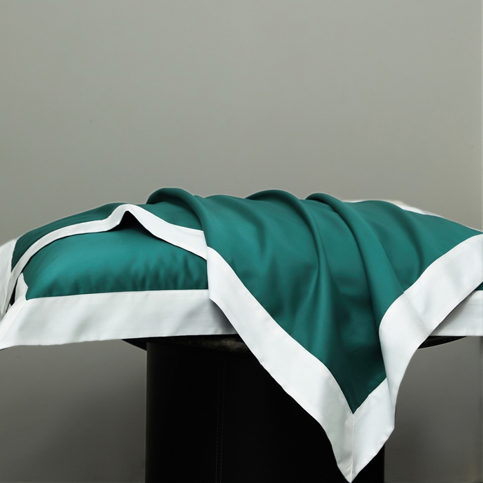 91家纺网 家纺一手货源 找家纺 柔觉家纺 新款50*50双股长绒棉纯色拼角四件套 雅-黛绿色